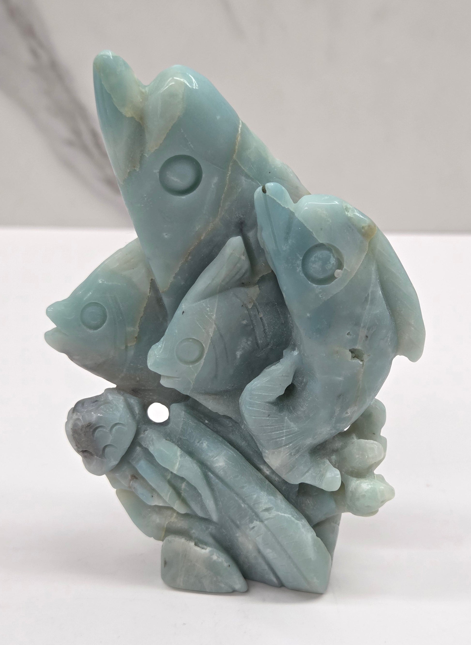 Caribbean Calcite carving of dolphins, fish and jellyfish on a white background