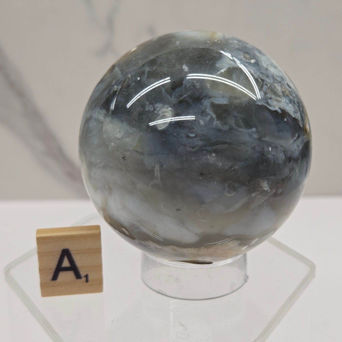 Petrified wood sphere with multiple colors on an acrylic stand against a white background