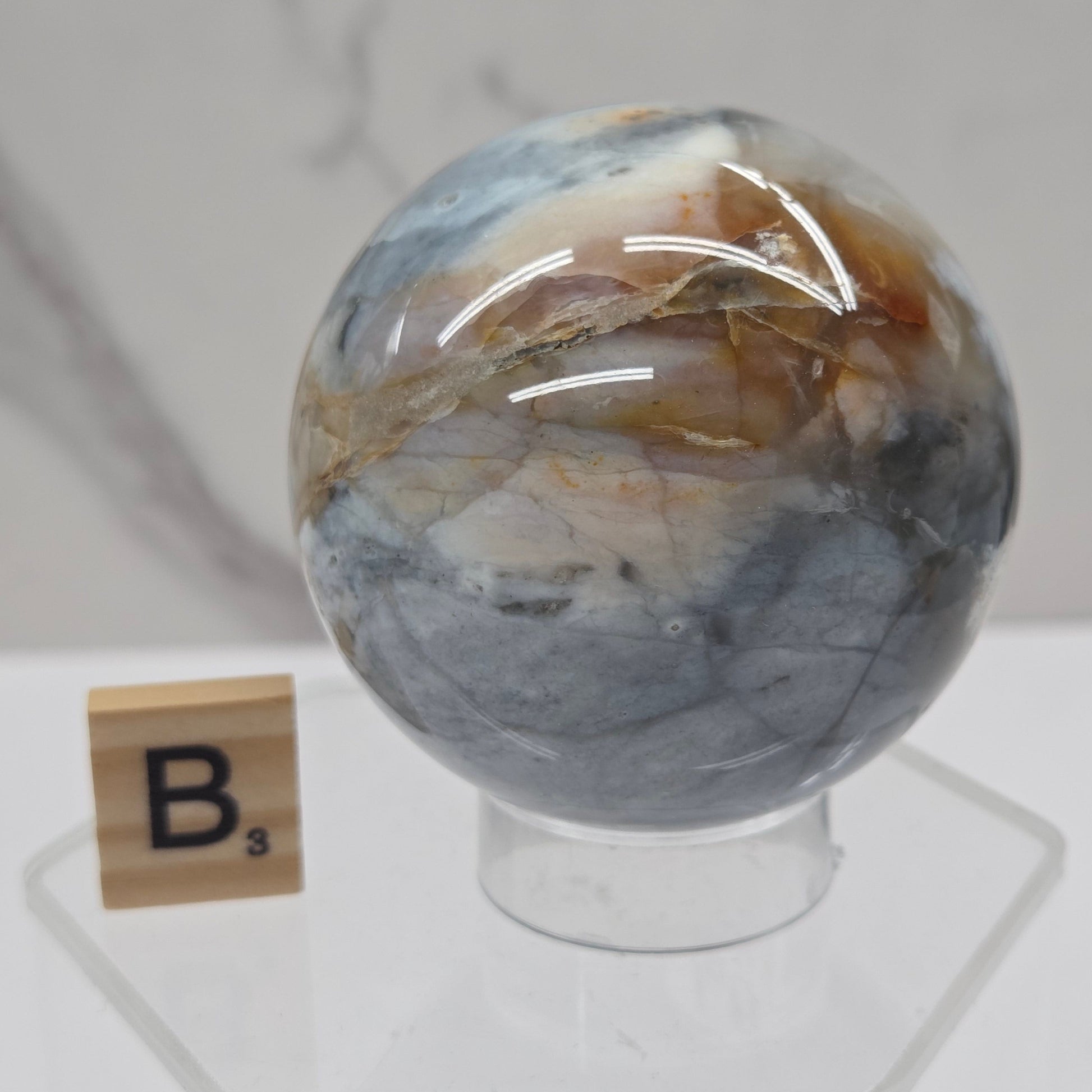 Petrified wood sphere with multiple colors on an acrylic stand against a white background