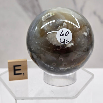 Petrified wood sphere with multiple colors on an acrylic stand against a white background