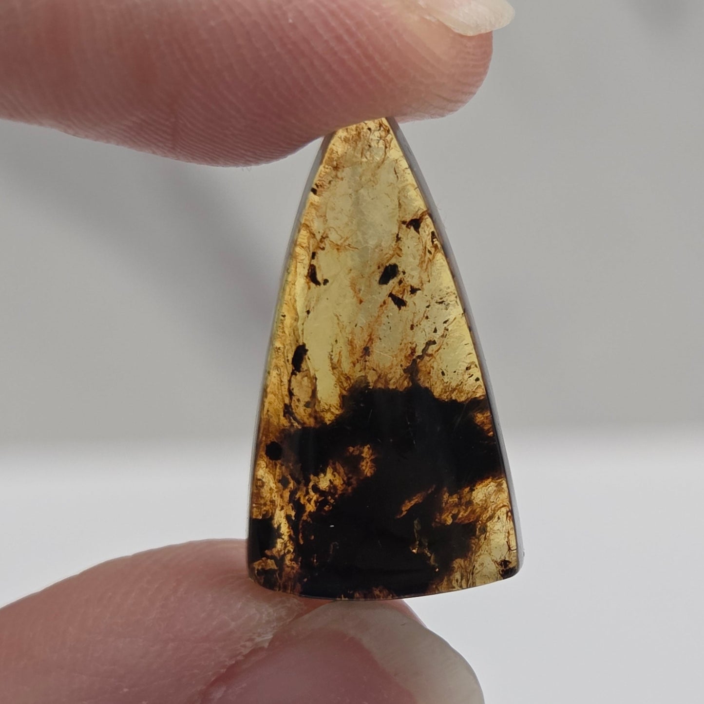 A triangular polished gemstone with a natural marbled pattern of black and golden-brown, held between two human fingers against a neutral light gray background.