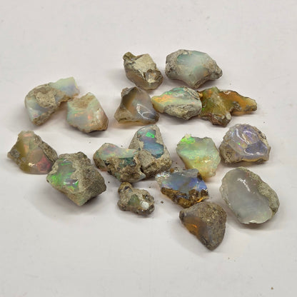 A group of rough, unpolished opal gemstones with natural earthy matrix, displayed on a plain off-white background.