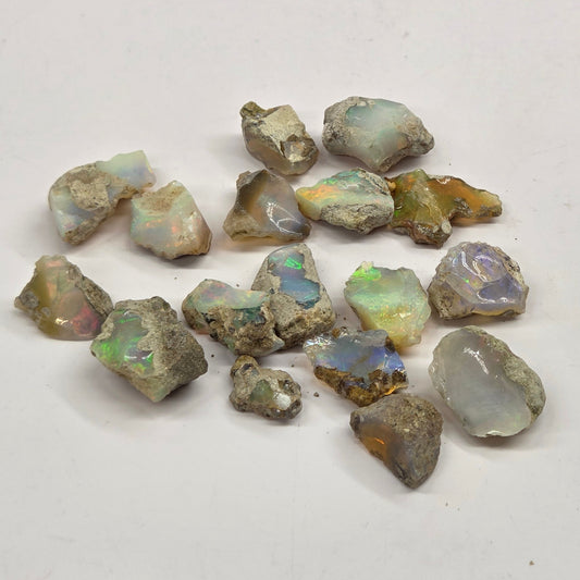 A group of rough, unpolished opal gemstones with natural earthy matrix, displayed on a plain off-white background.