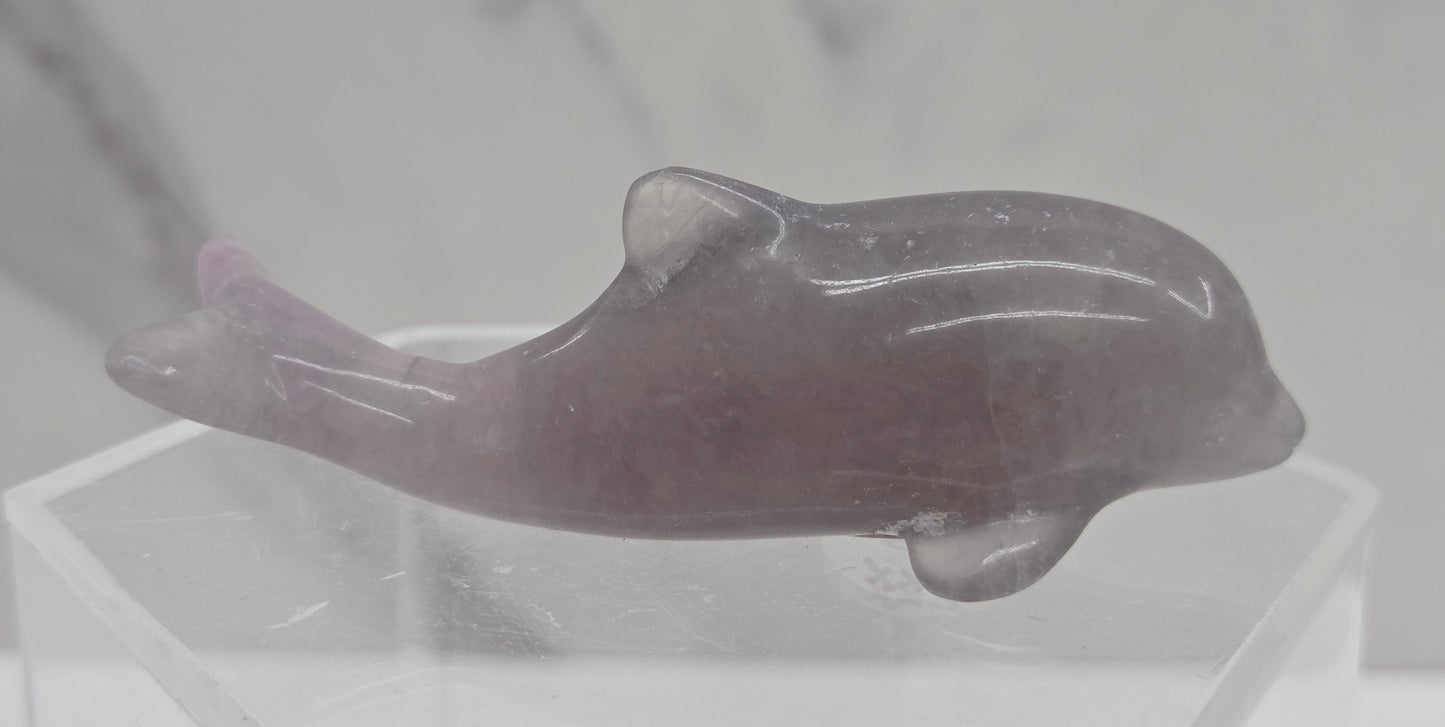 A polished carved dolphin figurine made of translucent lavender-purple stone, displayed on a clear acrylic stand against a light gray marble-patterned background.
