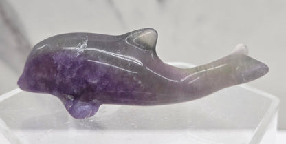 A polished purple fluorite dolphin figurine displayed on a clear acrylic stand against a light gray marble-patterned background.