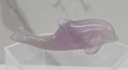A polished purple fluorite dolphin figurine displayed on a clear acrylic stand against a light gray marble-patterned background.