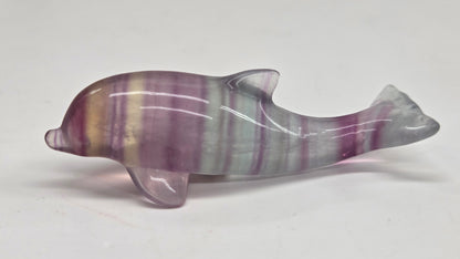 A polished dolphin figurine carved from striped purple, lavender, and green fluorite, shown on a plain light gray background.