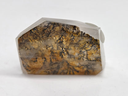 A faceted crystal gemstone with a natural marbled pattern of brown, gold, and black, set in a clear glass or resin base on a white background.