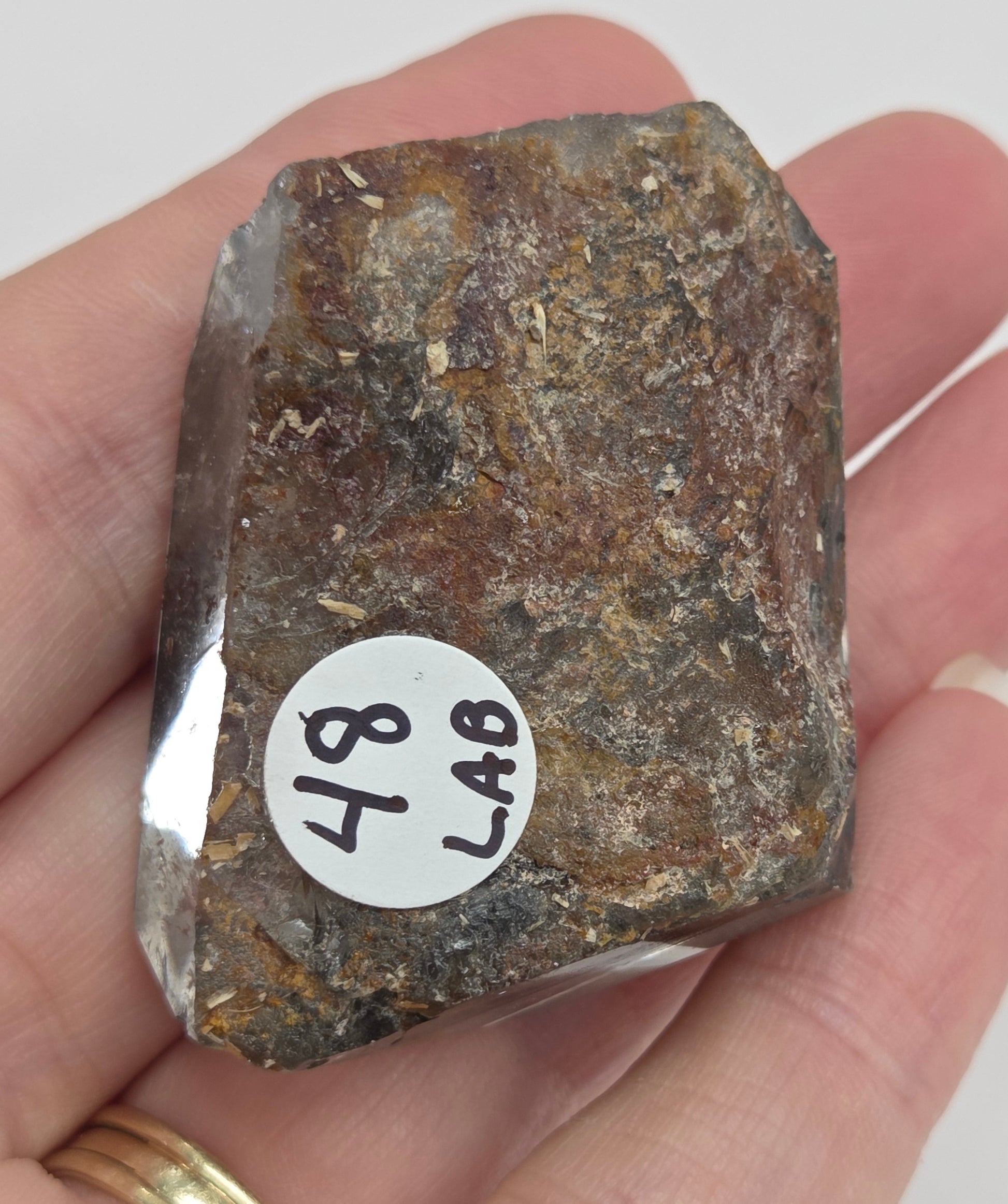A rough, unpolished stone or mineral sample with a white circular sticker reading 'LAB 48' held in a person's hand against a plain light background.