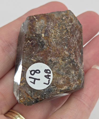 A rough, unpolished stone or mineral sample with a white circular sticker reading 'LAB 48' held in a person's hand against a plain light background.
