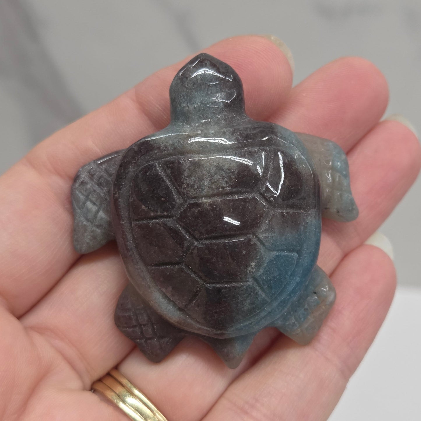 A small carved turtle figurine in a smoky gray stone, held in a person's hand. The figurine has a glossy finish and detailed shell patterns.