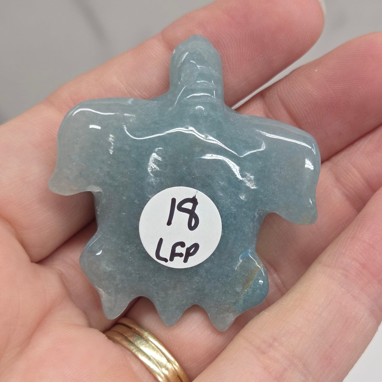 A hand holding a small, irregularly shaped translucent blue-gray stone or crystal with a white circular sticker that reads '192 LHS'.