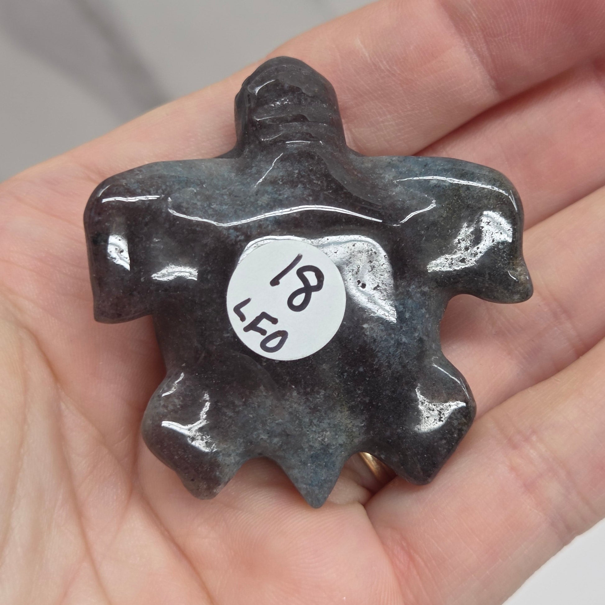 A small dark polished stone charm shaped like a flower or starburst, resting on an open hand. The stone has a glossy finish and a small white circular sticker with the handwritten numbers '18 LFO'.