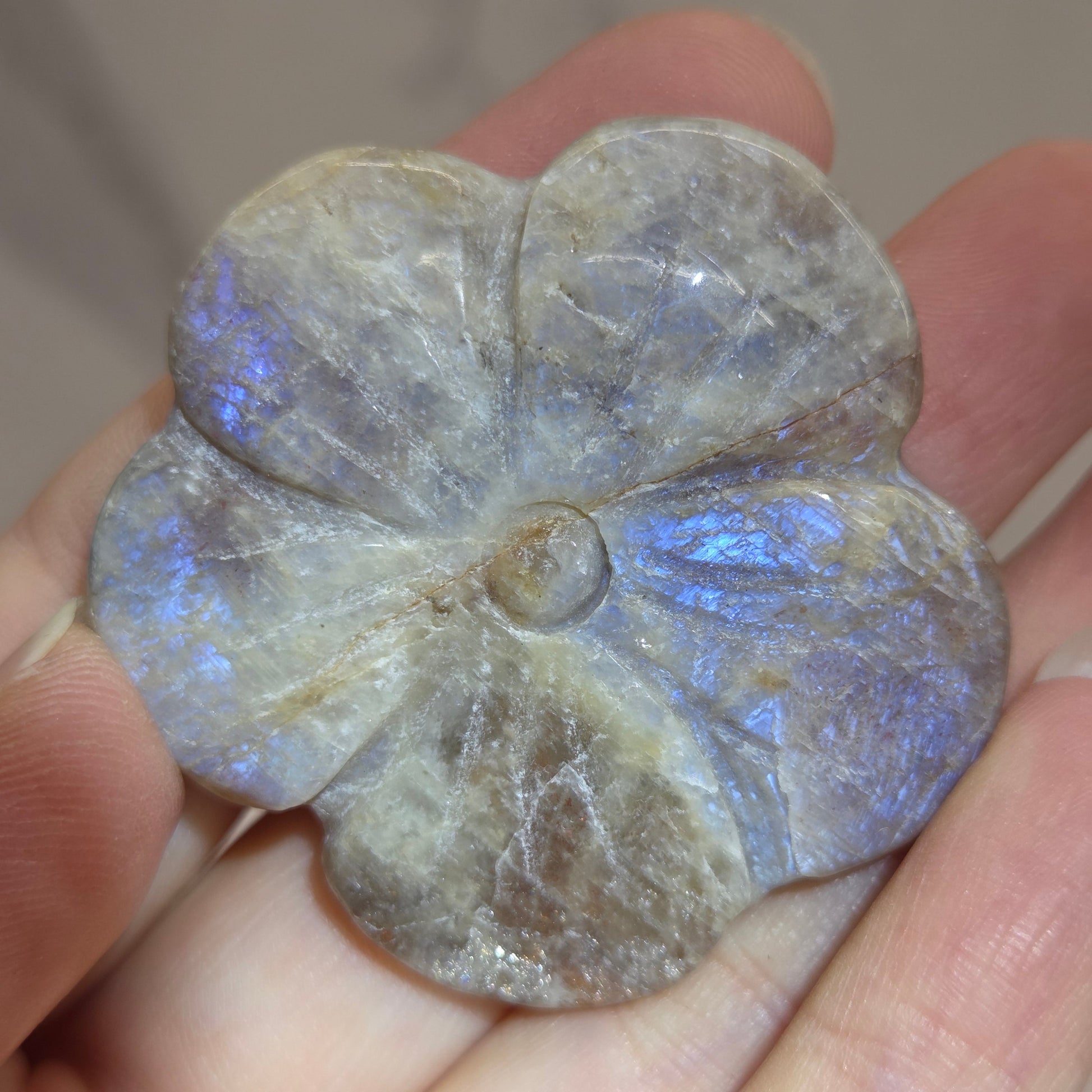 A carved stone flower-shaped pendant or charm with a five-petal design, held in a person's hand. The stone exhibits a grayish-brown base color with a strong blue iridescent play-of-color effect near the center and lower petals.