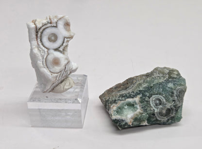 Two mineral specimens displayed on a plain light background: a white agate-like stone with circular band patterns mounted on a clear acrylic base, and a rough green agate or jasper stone with similar ring patterns.