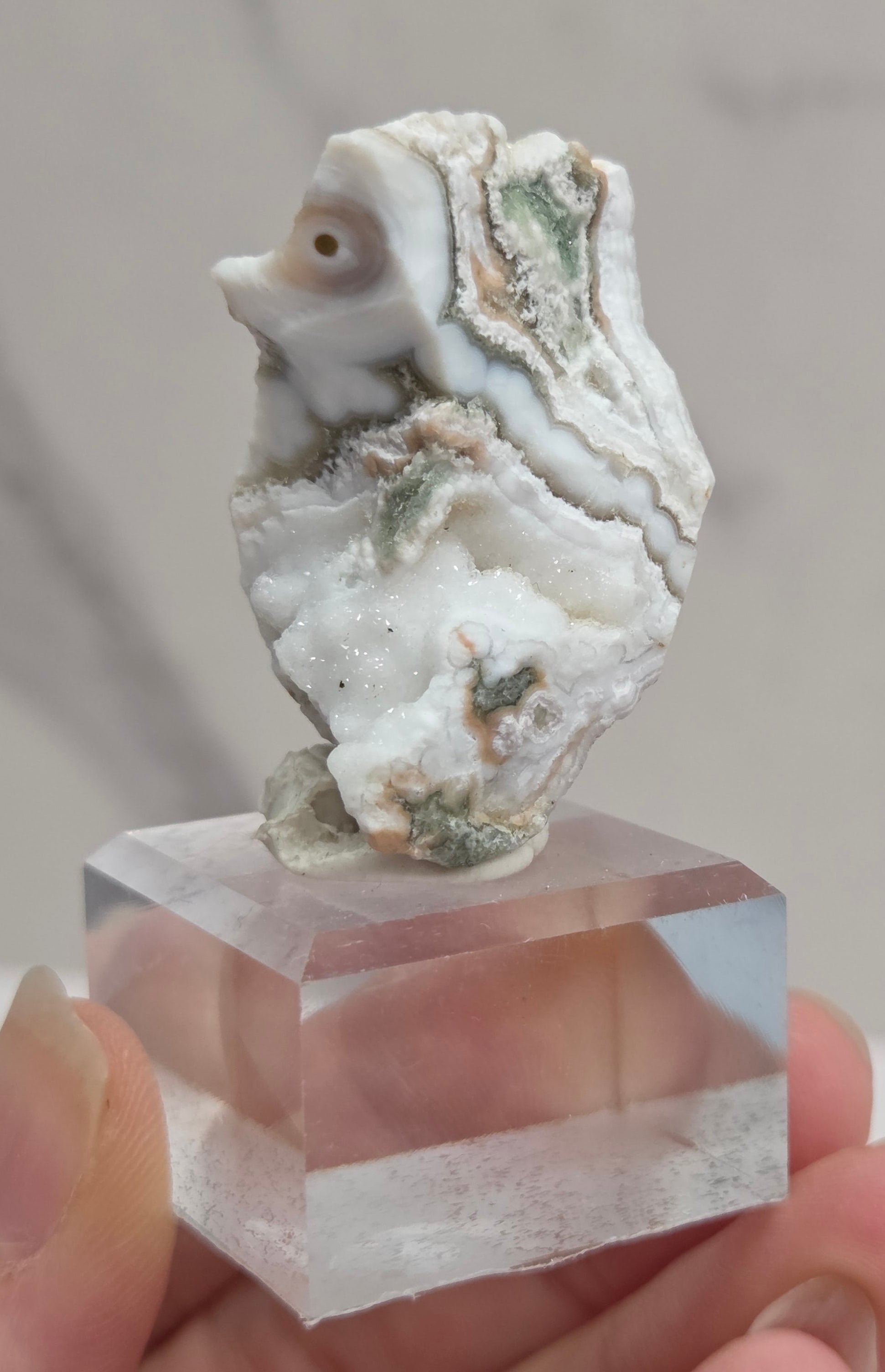 A hand holding a small white specimen with a clear faceted crystal cube attached to it, against a light gray marble-like background.