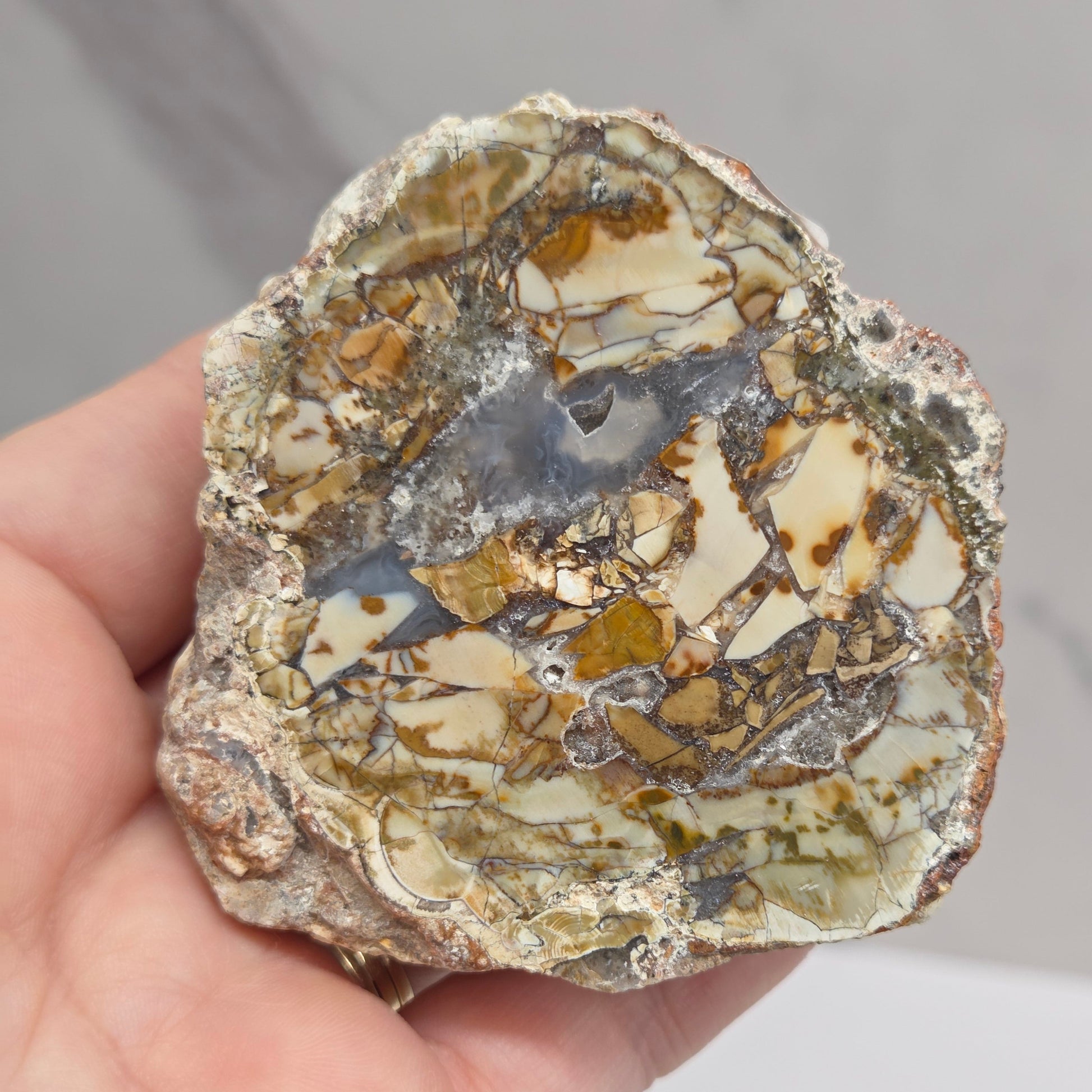 A hand holding a raw, rough mineral or stone specimen with a complex pattern of beige, brown, gray, and black crystalline inclusions.