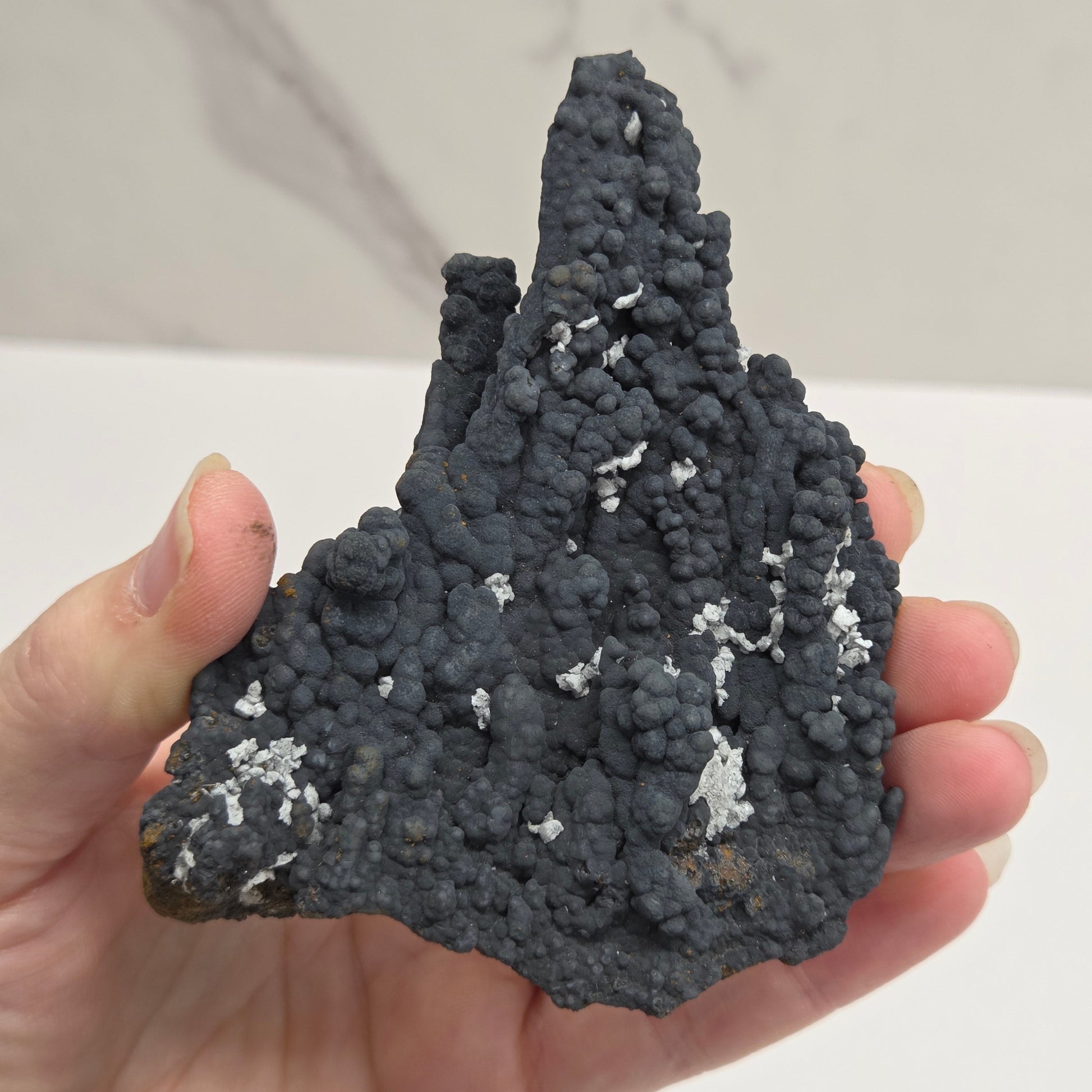 A hand holding a rough, porous dark gray mineral specimen with small white crystalline inclusions, photographed against a light indoor background.