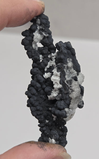 A close-up of a person's fingers holding a textured, porous black and white sponge-like material against a plain light gray background.
