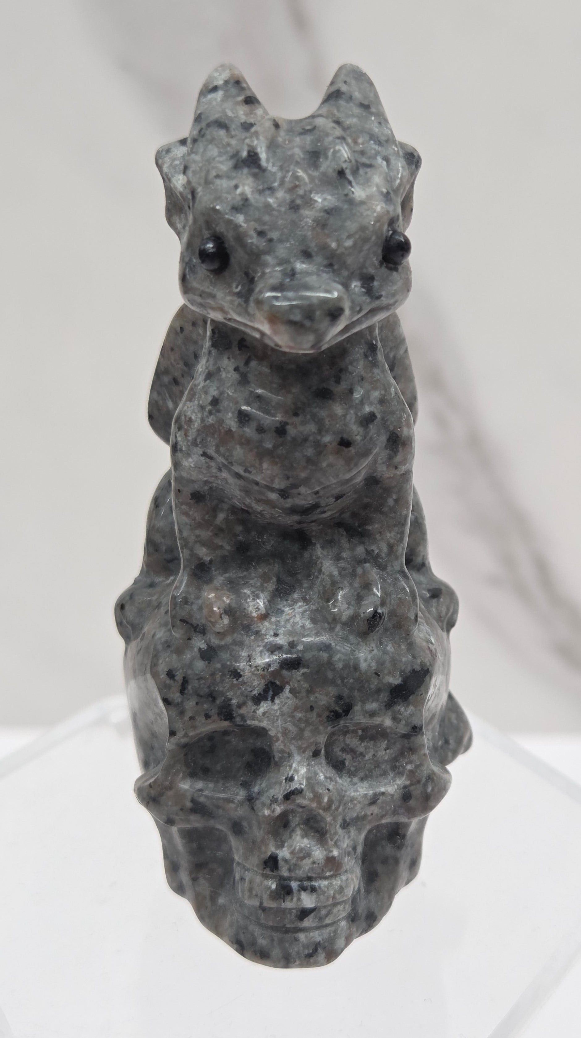 A small carved stone figurine of a dragon on a skull, made from speckled gray stone, displayed on a clear acrylic stand against a white marble-patterned background.