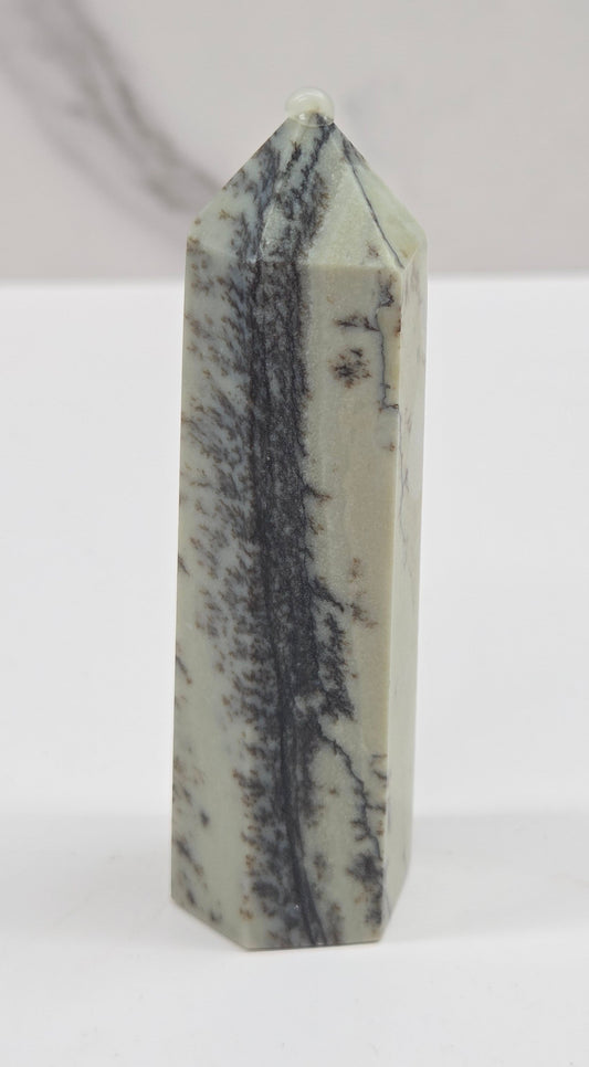 A polished pointed crystal tower, likely a quartz point, featuring a natural gray and black dendritic pattern on a pale sage green base, set against a light gray marble-patterned background.