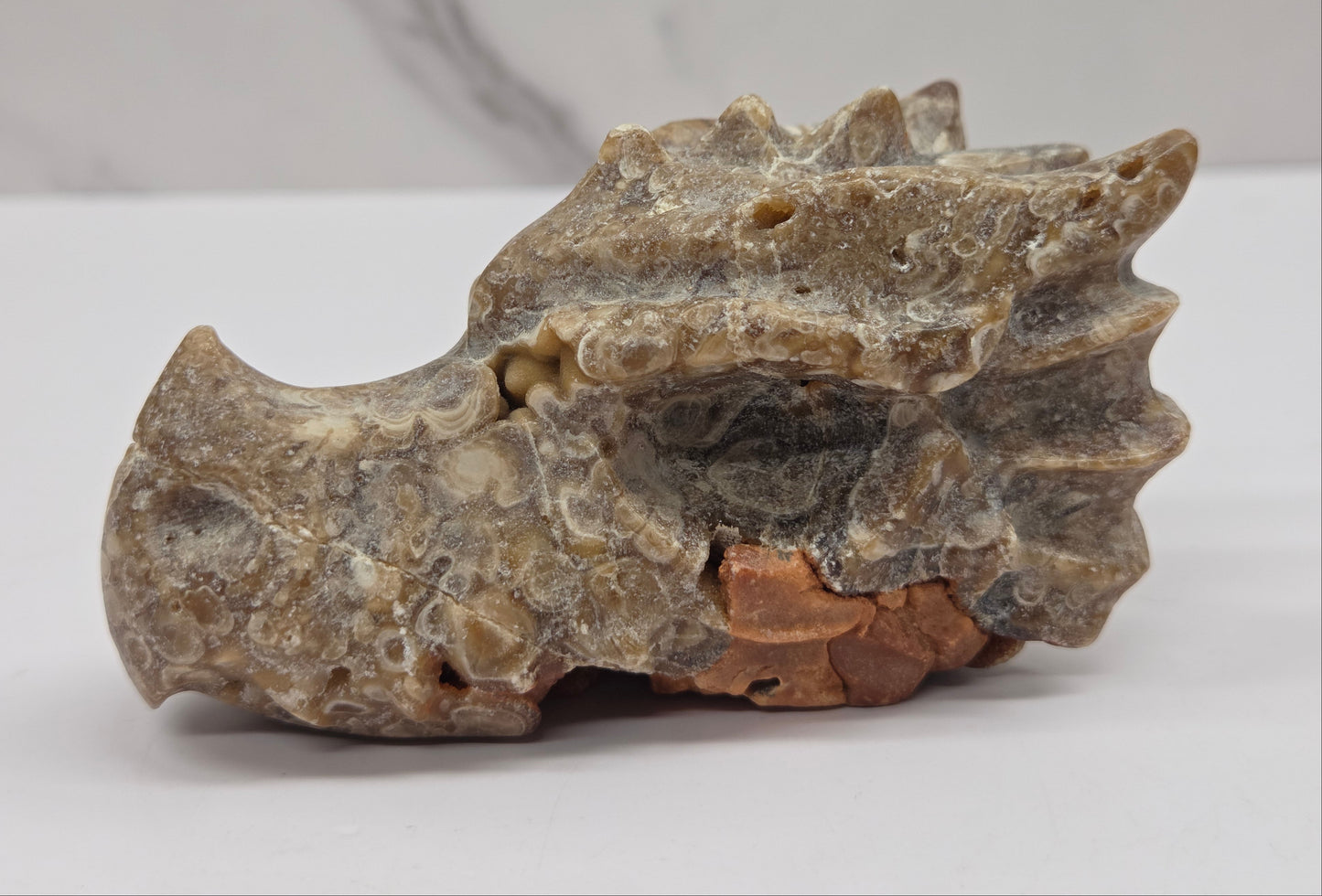 A small natural stone or rock specimen with a rough, textured surface in earthy gray, beige, and brown tones, photographed on a white surface with a light gray marble-patterned background.