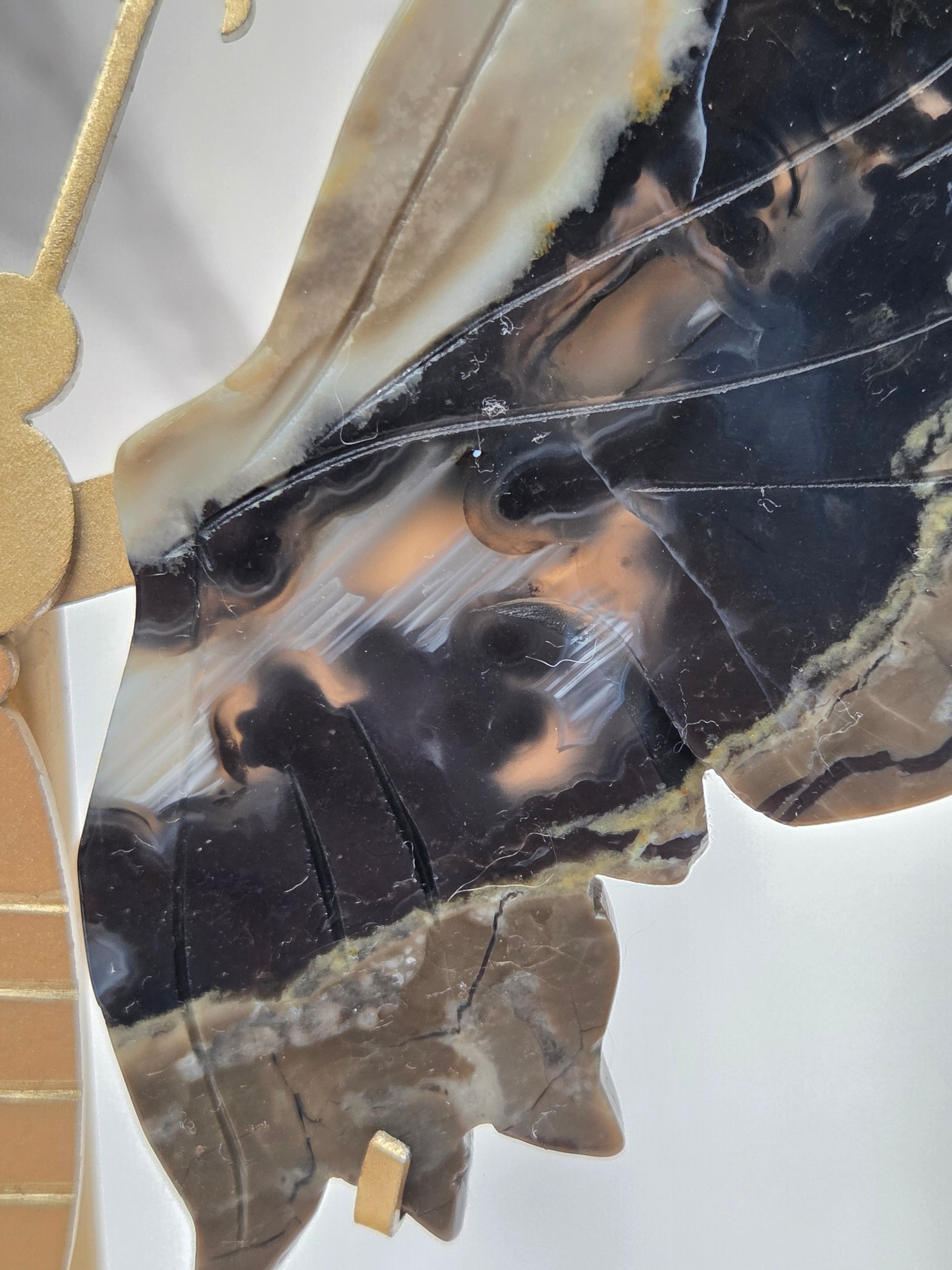 A close-up of a carved stone or agate leaf-shaped object with natural black, brown, cream, and gray banded patterns, photographed against a light neutral background.