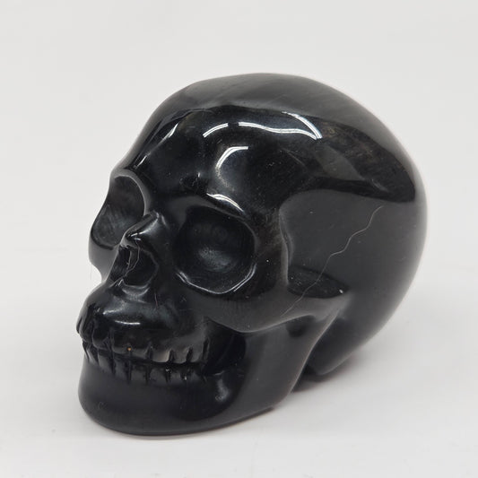 A polished black skull figurine, likely carved from obsidian or black stone, shown from a three-quarter angle against a plain white background.
