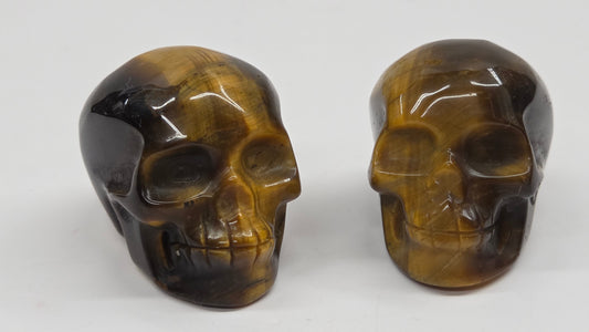 Two polished tiger's eye skull carvings displayed side by side on a plain light gray background.