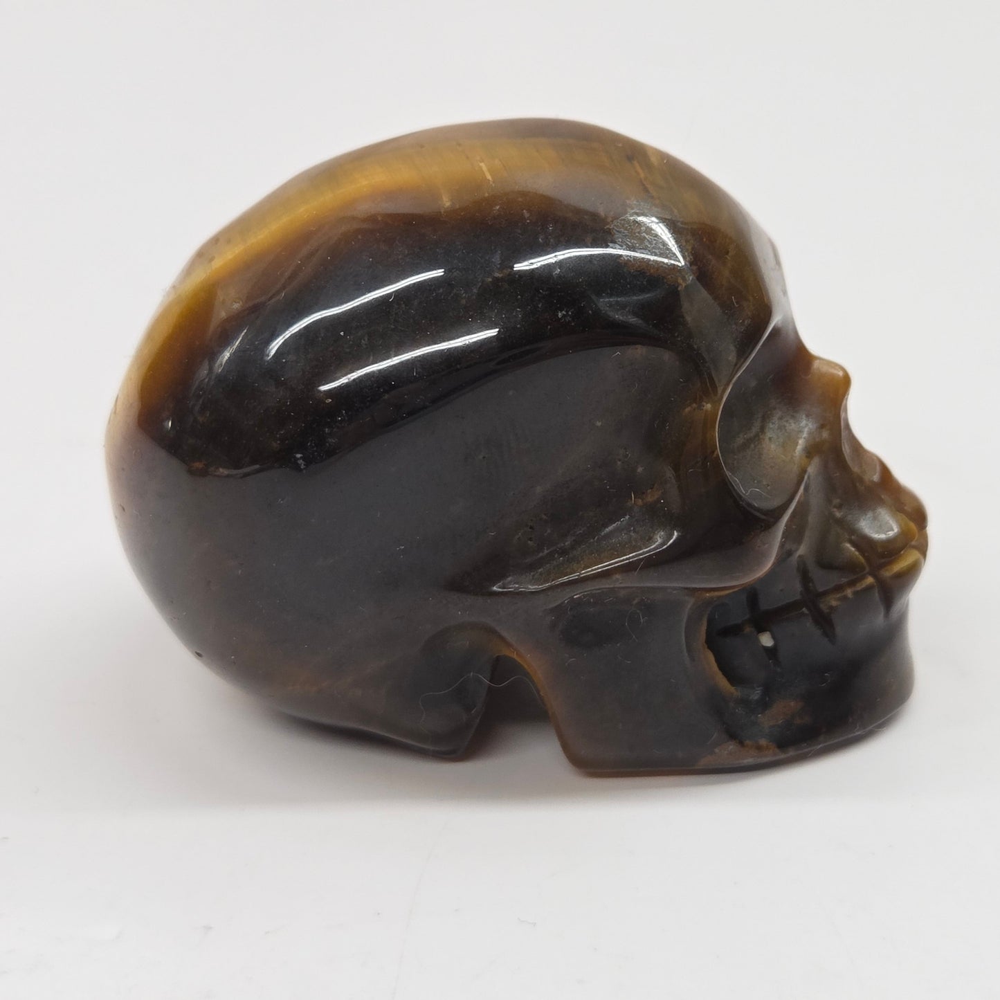 A polished carved skull made of tiger's eye stone, showing natural brown and black banded patterns, set against a plain white background.