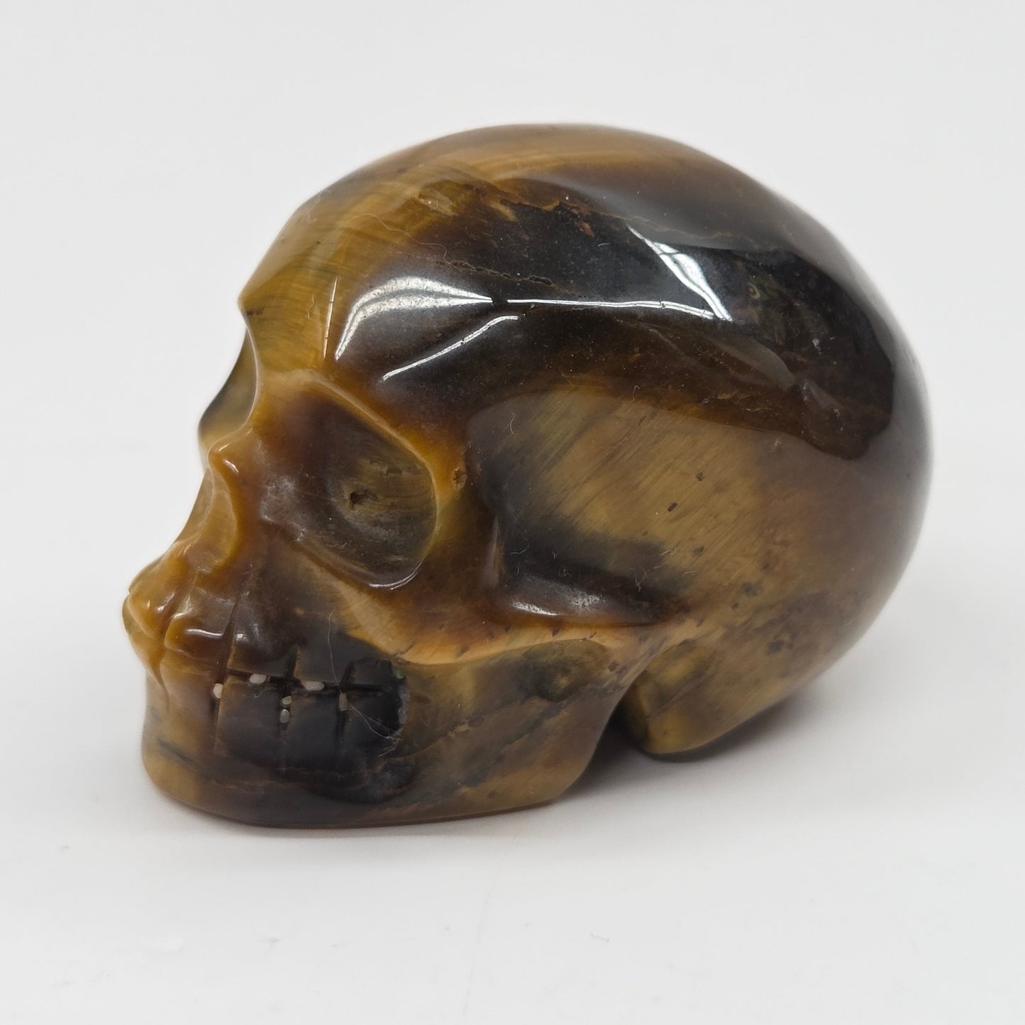 A polished carved skull made of tiger's eye stone, showing natural brown and black banded patterns, photographed on a plain white background.