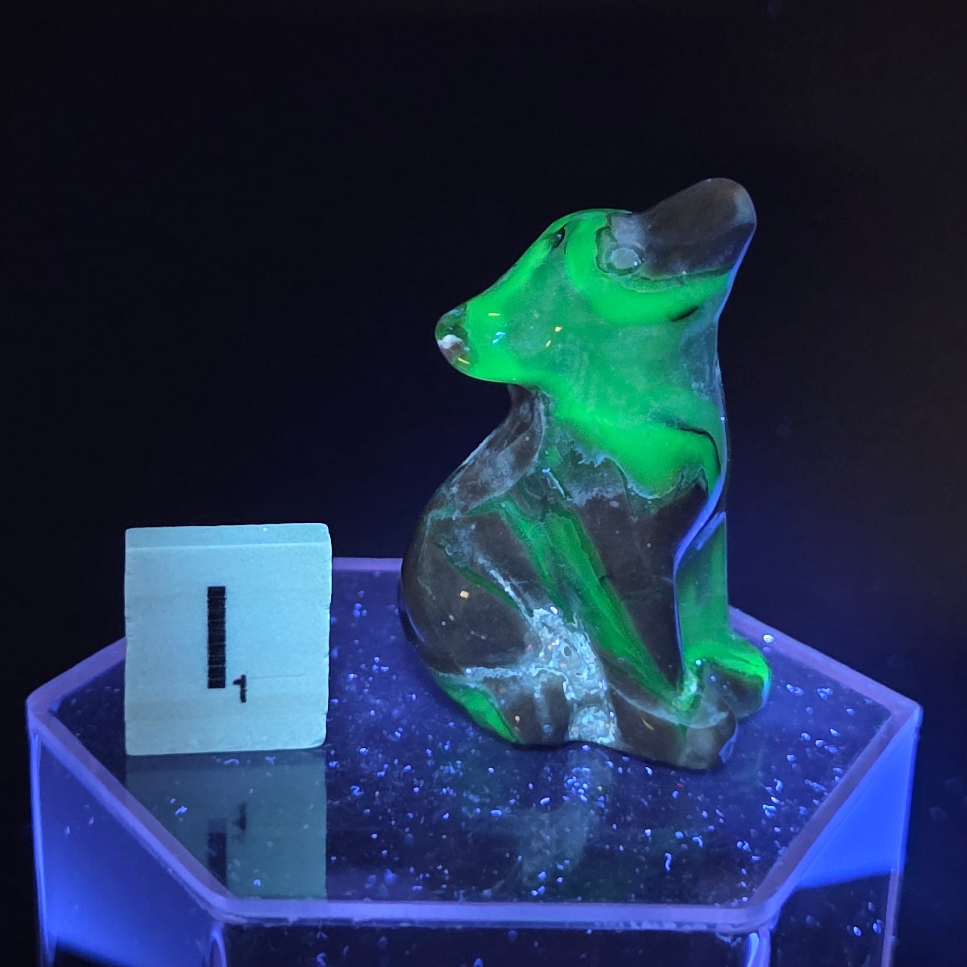 A small sculpted dog figurine in a glossy resin with green and dark brown marbled swirls, displayed on a translucent blue-lit acrylic pedestal next to a white block with the number 1, against a black background under UV light.
