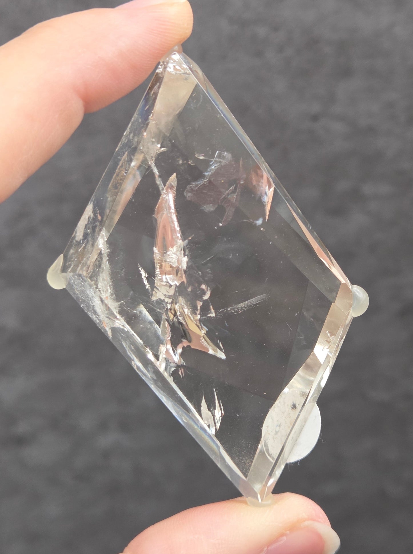 A hand holding a small clear rectangular glass or acrylic container with a white screw cap, containing dried insects or plant pieces, against a dark gray textured background.