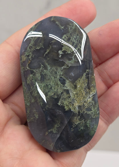 A polished dark green and black stone with natural marbled patterns, held in a person's hand.