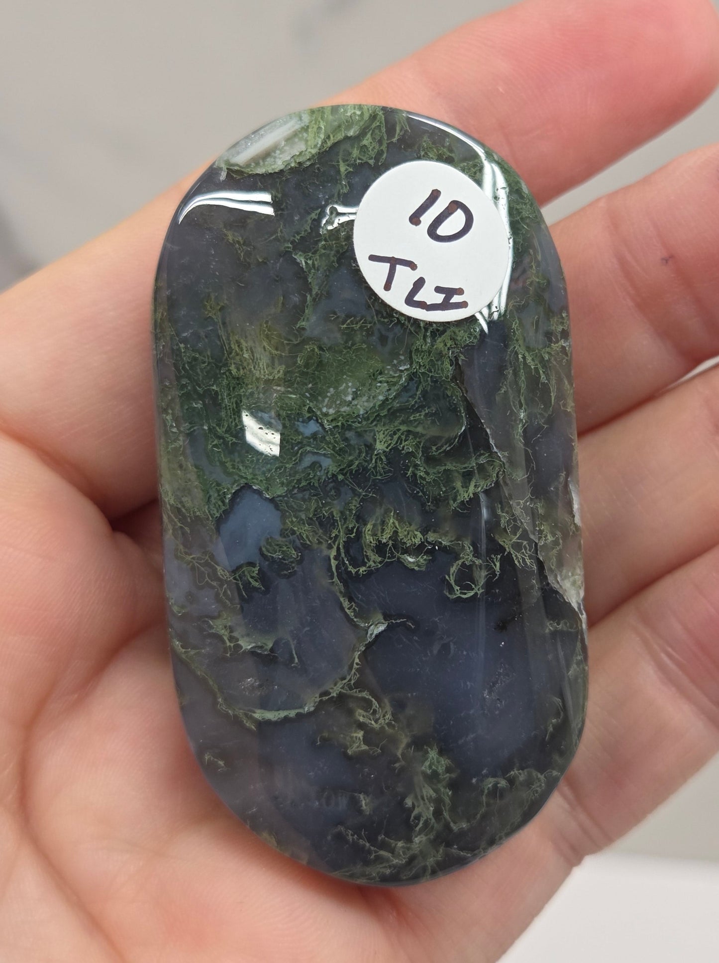 A hand holding a polished dark green and black marbled stone with a white circular sticker that reads 'ID T13'.