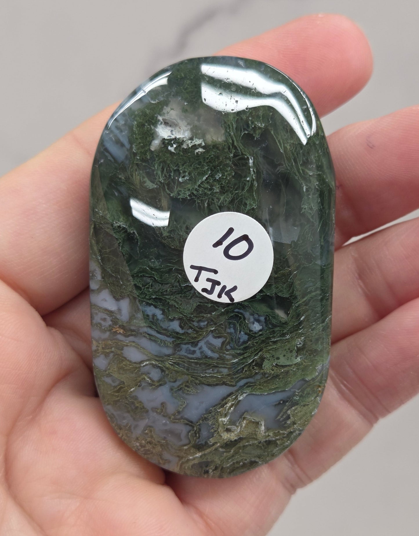 A hand holding a polished dark green stone with natural marbled patterns and a small white sticker labeled '10' on it.