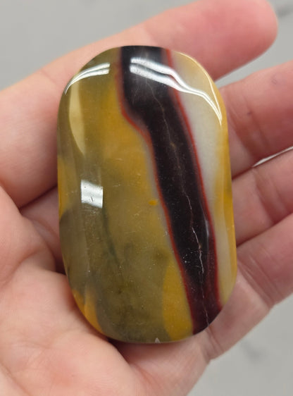 A polished stone with wavy bands of yellow, olive green, dark brown, and cream, held in a person's hand.