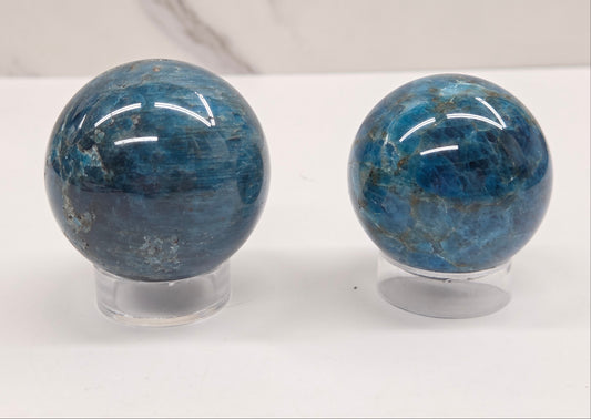 Two polished blue stone spheres displayed on clear acrylic stands against a white background with a light gray marble-look wall behind them.