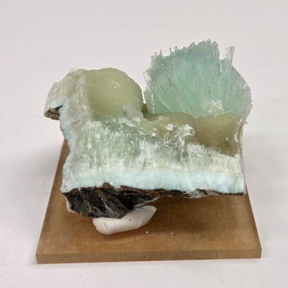 A mineral specimen featuring pale green and white crystalline formations mounted on a rectangular tan display block, photographed against a plain light background.