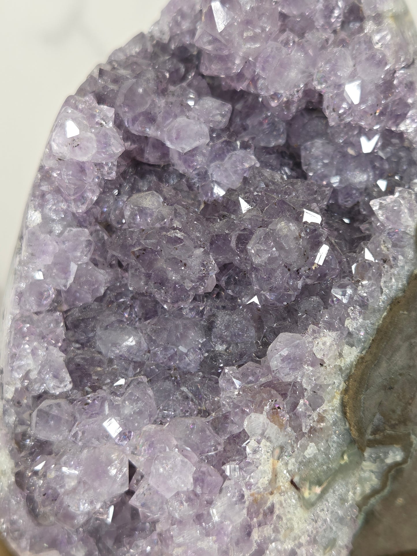 Close-up of a purple amethyst crystal cluster with faceted translucent crystals and a light gray to off-white matrix surface.