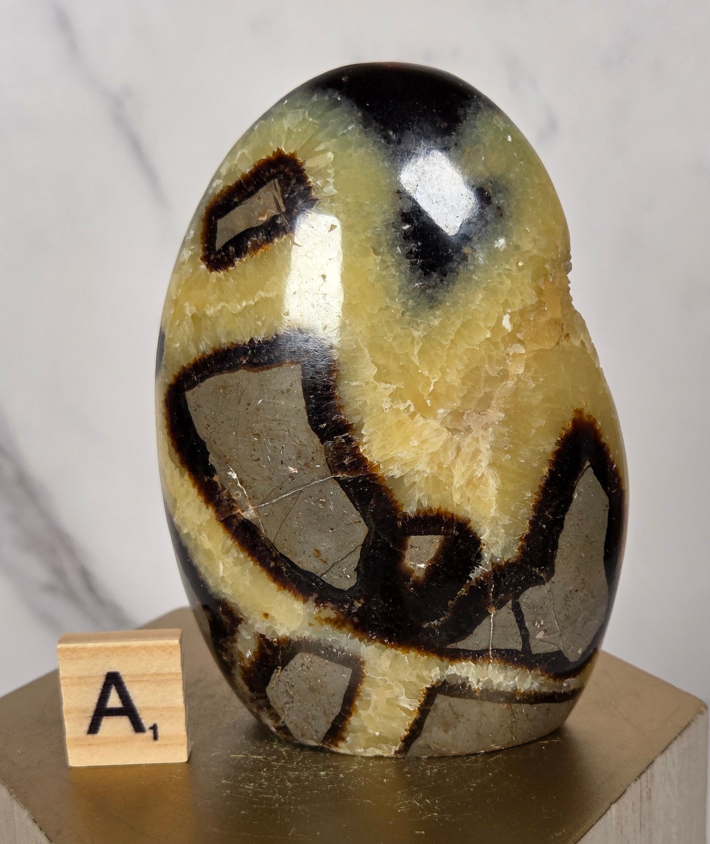 A polished oval stone with a black and tan abstract pattern, mounted on a light wood block with a small letter tile labeled 'A' in front, against a white marble background.