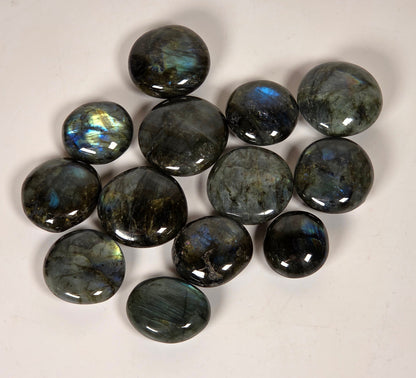 A group of polished oval labradorite gemstones with a dark gray base and shimmering blue-green iridescence, arranged on a plain off-white background.