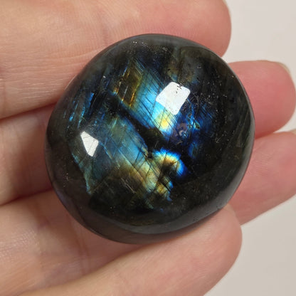A polished round labradorite stone held in a person's hand, showing a dark gray base with vibrant blue, green, and gold iridescent flashes on a plain light background.