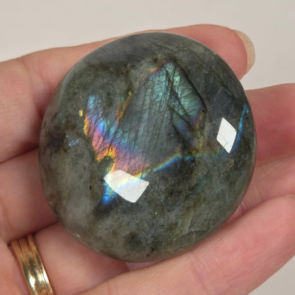 A polished round labradorite stone held in a person's hand, showing a gray base color with vibrant iridescent rainbow flashes and a gold ring on the finger.