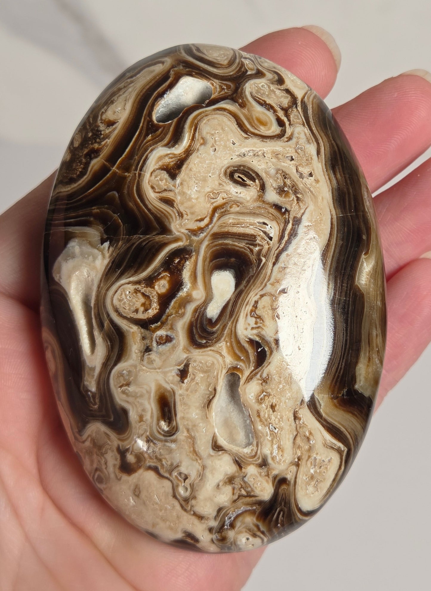 A hand holding a polished, oval-shaped stone with a marbled pattern of dark brown, black, and cream swirls.