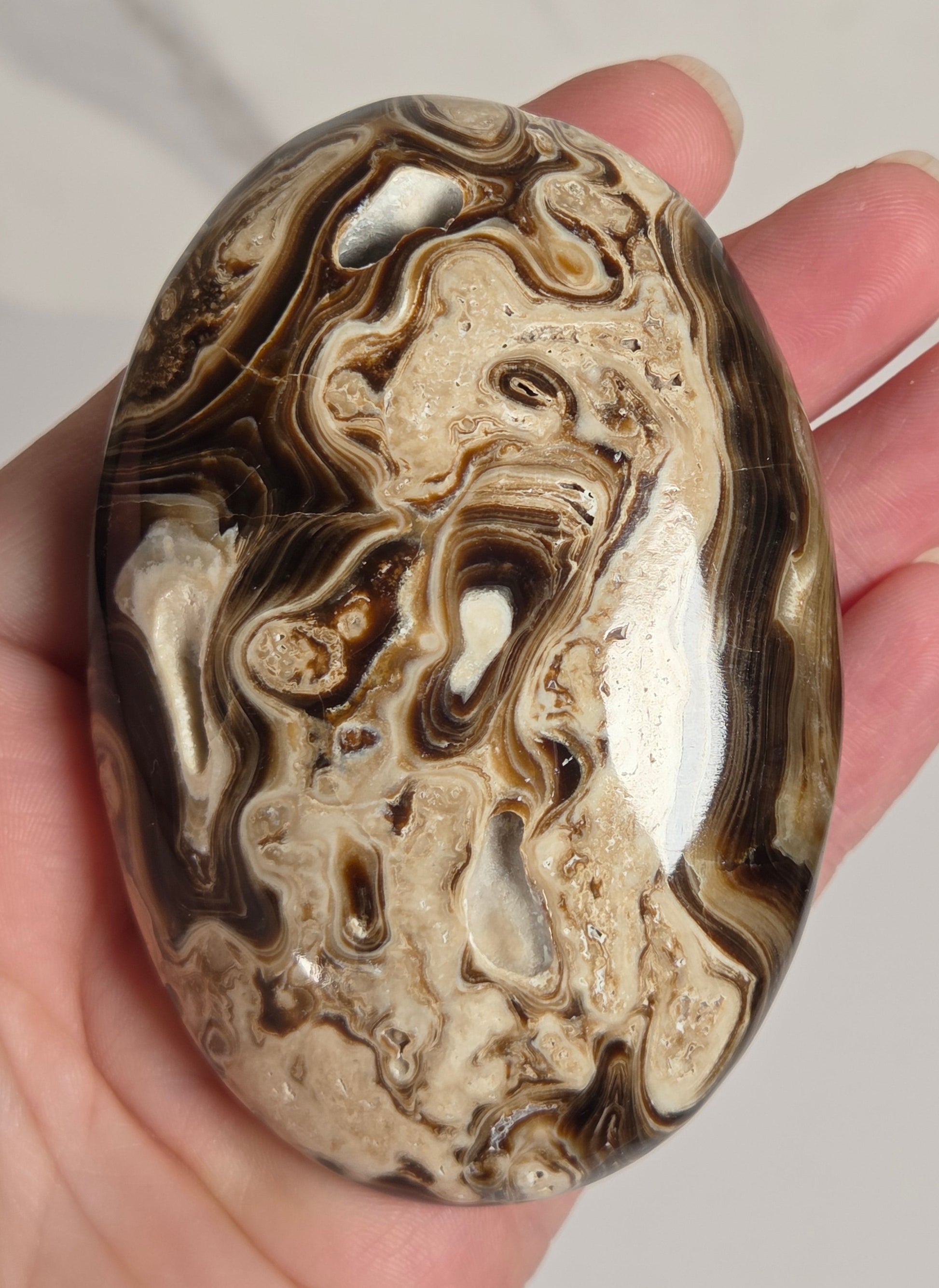 A hand holding a polished, oval-shaped stone with a marbled pattern of dark brown, black, and cream swirls.