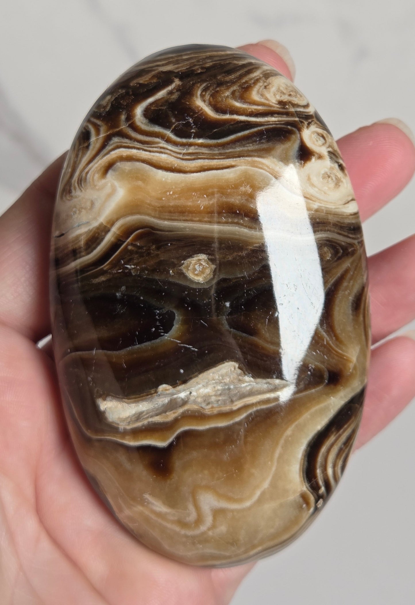 A hand holding a polished oval stone with swirling brown, tan, cream, and black marbled patterns, photographed against a light neutral background.