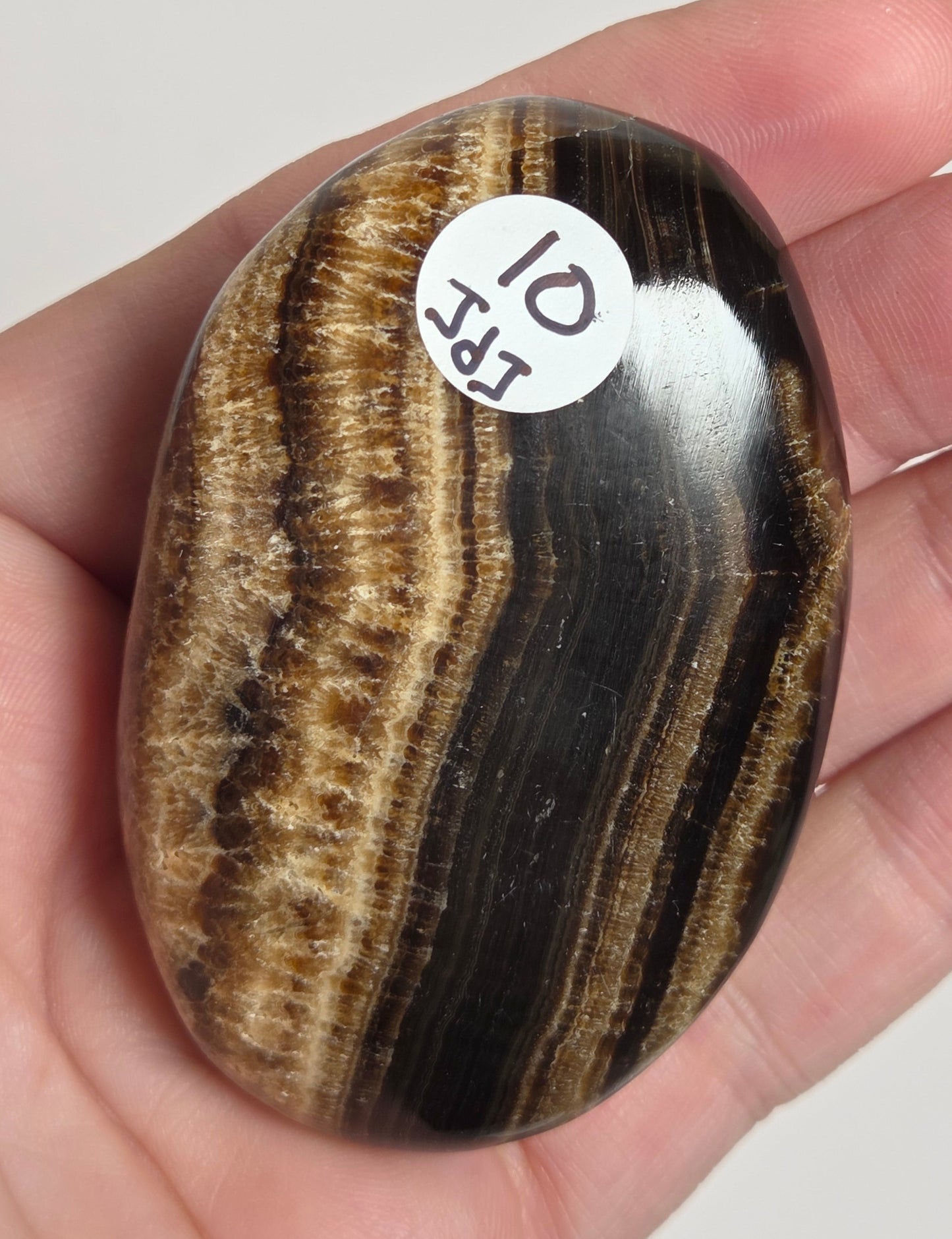 A polished oval stone with brown, black, and tan banded stripes, held in a person's hand. A small white sticker with black text is attached near the top of the stone.