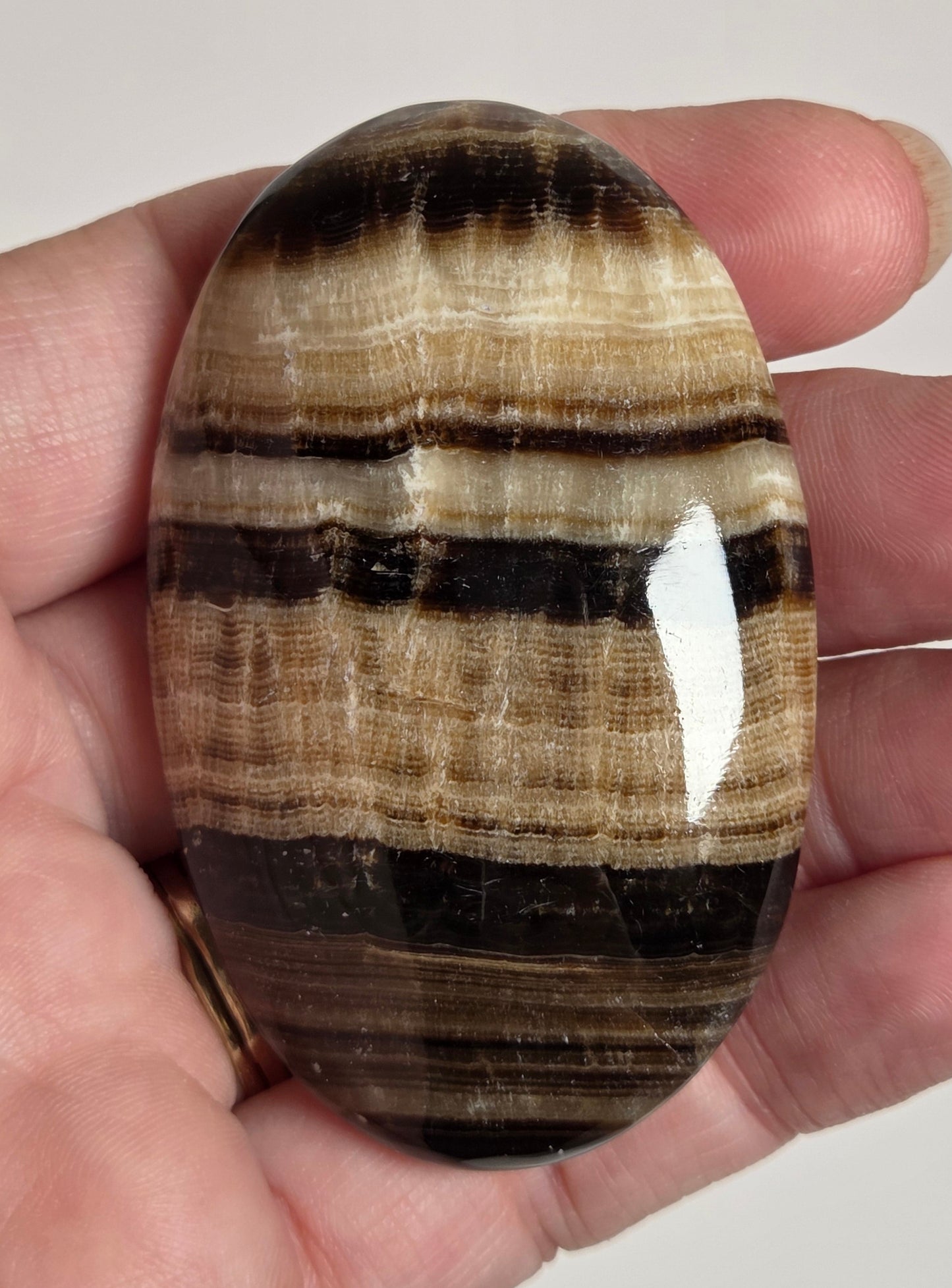 A hand holding a polished oval stone with horizontal brown, tan, cream, and black banding, photographed against a plain light background.