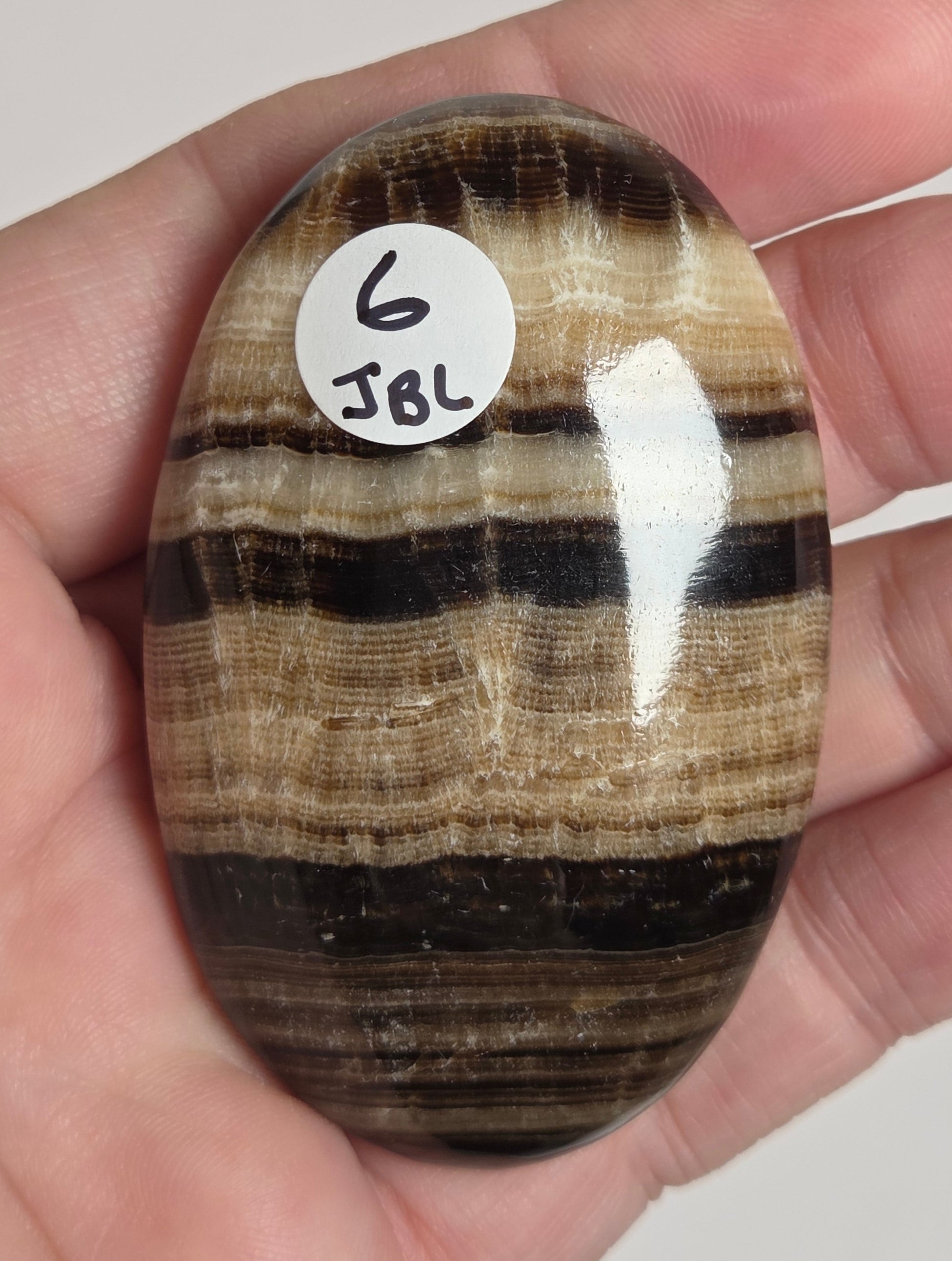 A polished striped stone held in a person's hand. The stone has vertical bands of black, brown, and beige, with a small white circular sticker marked 'JBL 6' attached near the lower left side.